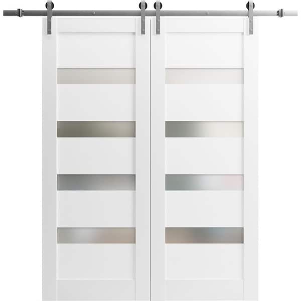 Sartodoors 28 in. x 84 in. 2 Panel Frosted Glass White Solid Wood Sliding Barn Door with Hardware Kit