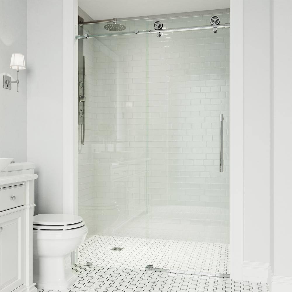 Cass 76" High Chrome Frameless Sliding Shower Door with Clear Glass
