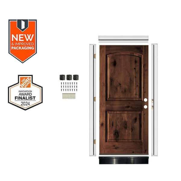 Krosswood Doors DIY 32 in. x 80 in. Knotty Alder 2-Panel Left-Hand Top Arch Red Mahogany Stain Wood Front Door Kit w/Quick Assemble Jamb