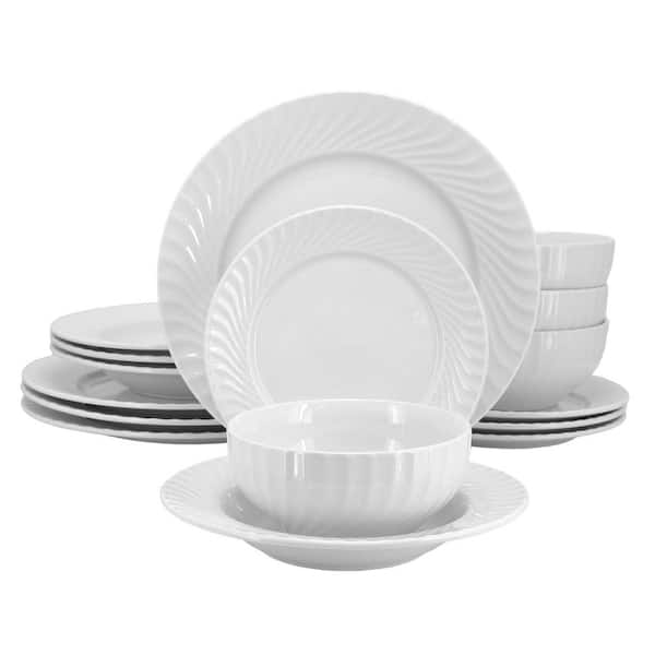 Elama Elama Pearl 16 Piece Scalloped Double Bowl Porcelain Dinnerware Set in White