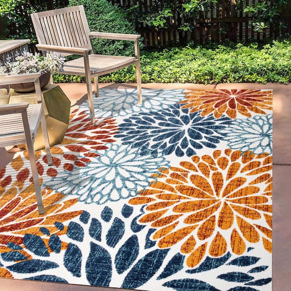 Modern Floral 6x8 Outdoor Area Rug Contemporary Aesthetic Green Pink Flower  Texture Rug for Balcony Patio Deck Porch Washable Reversible Garden Large