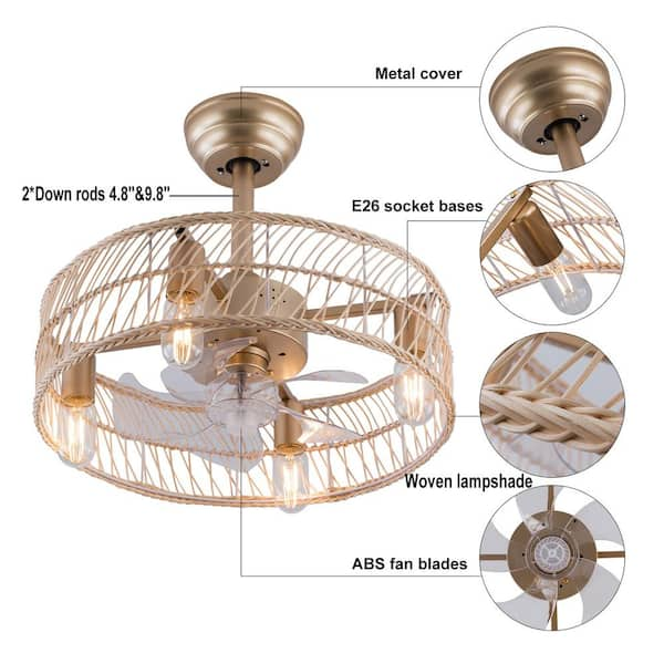 OUKANING 18 in. Indoor Gold Modern Bamboo Caged Ceiling Fan with 