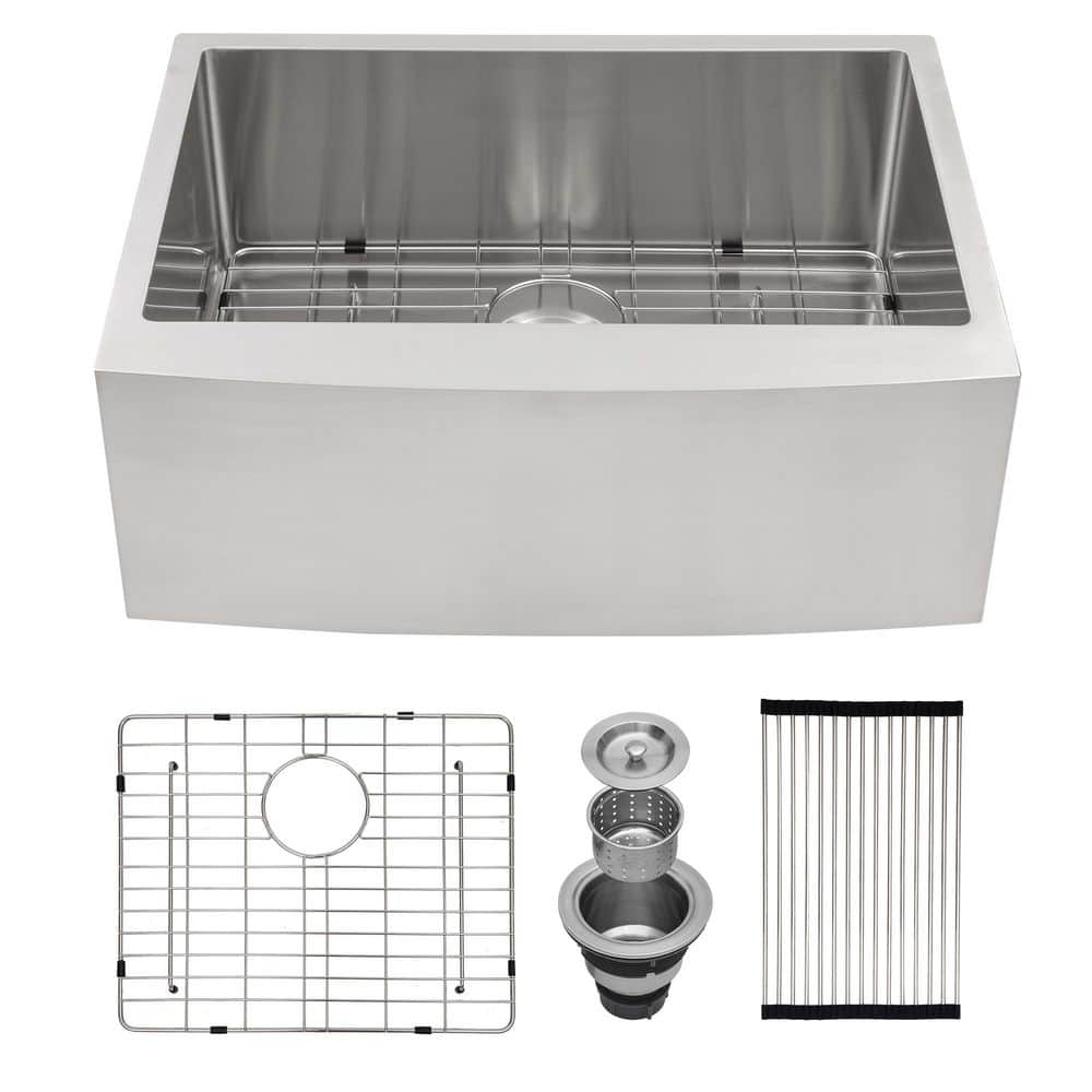 24 in. Farmhouse/Apron-Front Single Bowl 16 Gauge Brushed Nickel Stainless Steel Kitchen Sink with Bottom Grids price history on PriceWatchPro