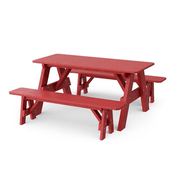 Heritage 72 in. Cardinal Red Rectangle HDPE Plastic Picnic Table with Detached Benches Seats 6 People