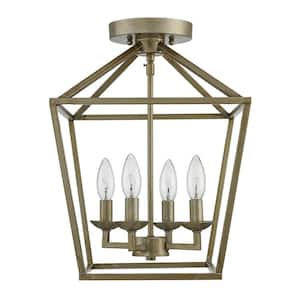 Weyburn 16.5 in. 4-Light Antique Silver Leaf Farmhouse Semi-Flush Mount Ceiling Light Fixture with Caged Metal Shade