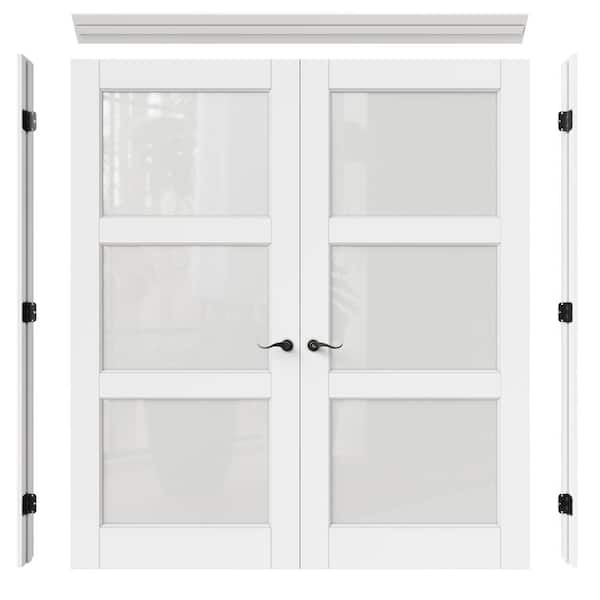 72 in. x 96 in. 3-Lite Frosted Glass White Solid Core Finished Glass Prehung French Door with Quick Assemble Jamb Kit