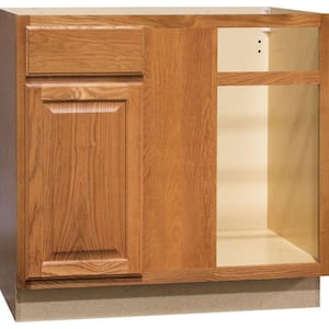 Hampton 36 in. W x 24 in. D x 34.5 in. H Assembled Blind Base Kitchen Cabinet in Medium Oak for Left or Right Corner