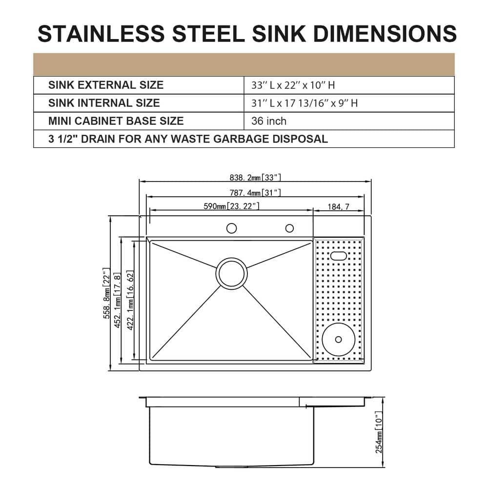 33 Inch Brushed Stainless Steel Drop-In Workstation Sink