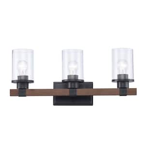 Siesta 22.75 in. 3-Light Oil Rubbed Bronze and Faux Wood Farmhouse Bathroom Vanity Light Fixture with Seeded Glass