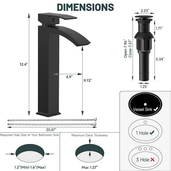 Single Handle Waterfall Vessel Sink Faucet with Drain Kit Included in Matte Black