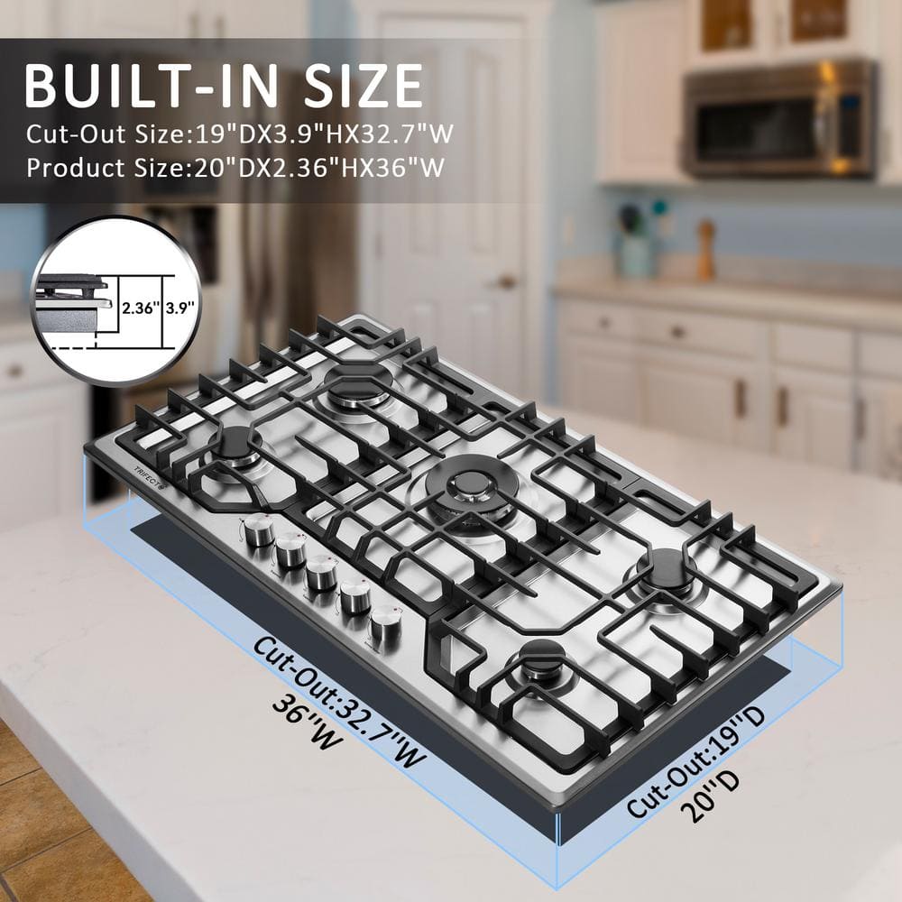 36-Inch Stainless Steel 5-Burner Gas Cooktop with Cast Iron Griddle