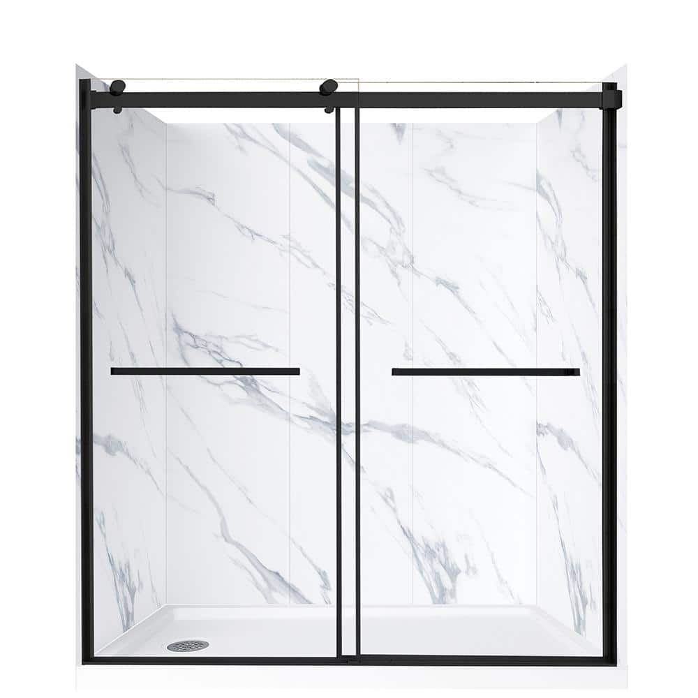 Double Roller 60 in. L x 30 in. W x 78 in. H Left Drain Alcove Shower Stall Kit in Carrara and Matte Black Hardware price history on PriceWatchPro