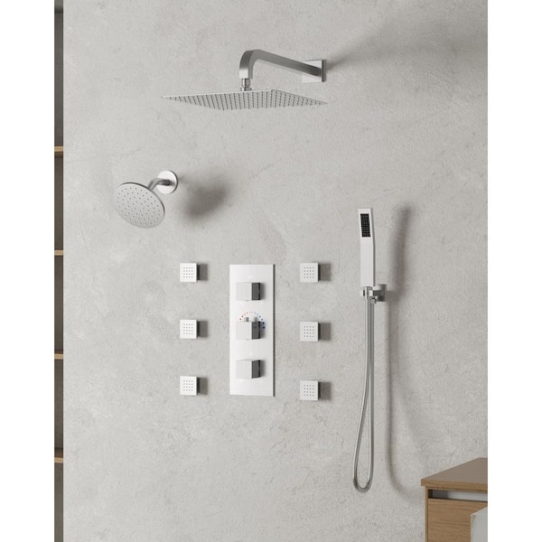 Thermostatic 8-Spray 12 and 6 in. Wall Mount Dual Shower Head Fixed and Handheld Shower Head 2.5 GPM, Brushed Nickel