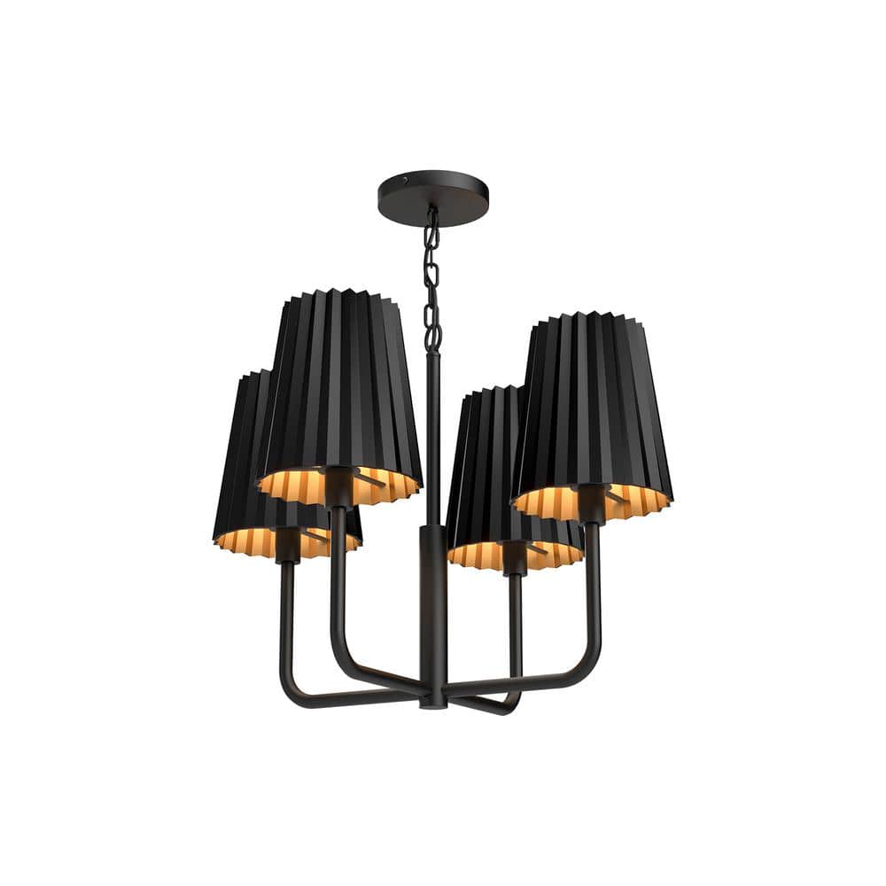 Matte Black Crystal 4-Light Chandelier with Accordion Shades