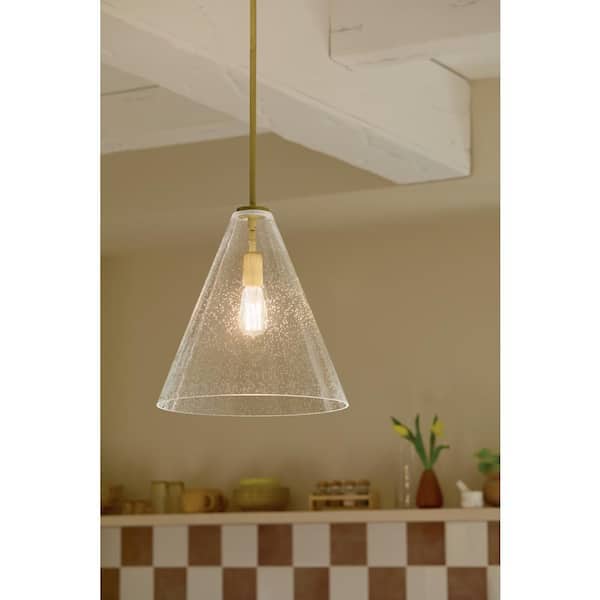 Everly 14.25 in. 1-Light Natural Brass Modern Shaded Cone Kitchen Hanging Pendant Light with Clear Seeded Glass