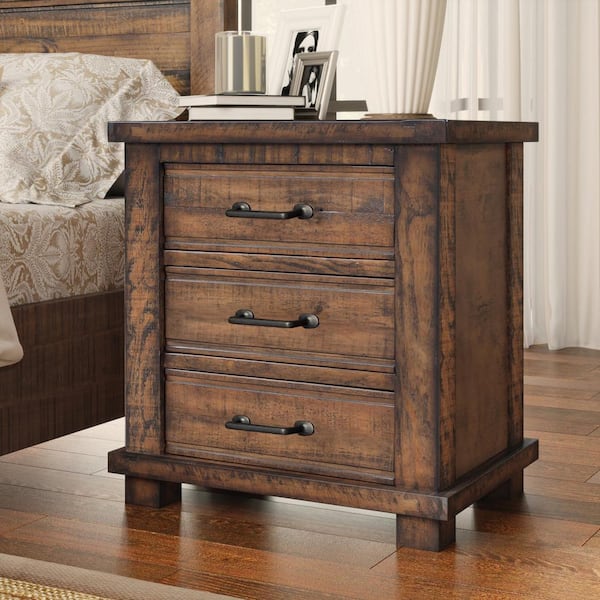 Harper Bright Designs Rustic Walnut Brown 3 Drawer 24 in. W Reclaimed Solid Wood Nightstand YJH095AAD