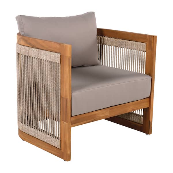 Teak Curved Rope Accent Acacia Wood Outdoor Lounge Chair with Gray Cushions
