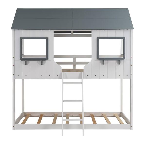 Qualler White Twin Over Twin House Style Bunk Bed with Roof and Windows BLE000045K The Home Depot