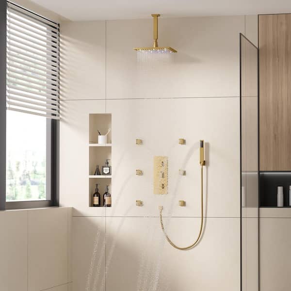 6-Spray 12 in. LED Thermostatic Dual Shower Heads Ceiling Mount Fixed and Handheld Shower Head 2.5 GPM in Brushed Gold