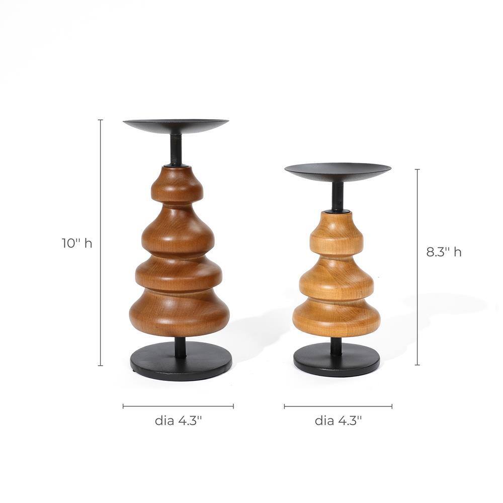 Birch Wood and Black Iron Pillar Candle Holder Set