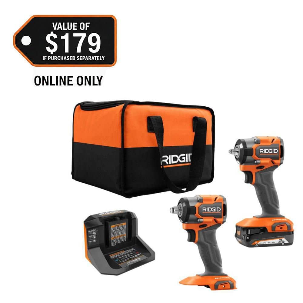 RIDGID 18V Subcompact Brushless Cordless 2-Tool Combo Impact Wrench Kit with 2.0 Ah Battery and Charger (R96213SBN)