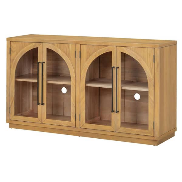 Unbranded Natural Solid Wood 60 in. Sideboard Buffet Cabinet with 4 Glass Doors and Adjustable Shelves Kitchen Storage Cabinet