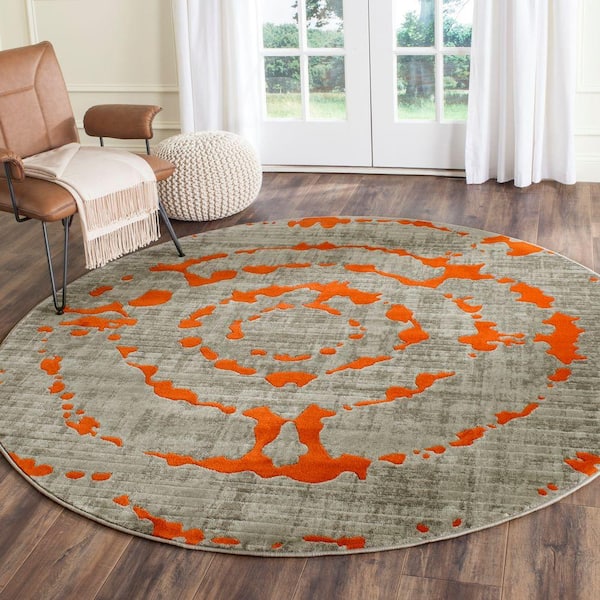 SAFAVIEH Porcello Light Grey/Orange 5 ft. x 5 ft. Round Abstract Area Rug