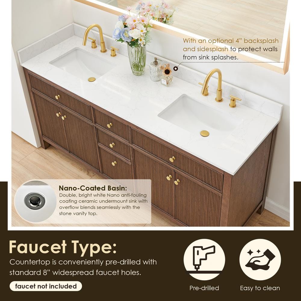 Cerrito 72" Brown Oak Double Sink Vanity with White Stone Top