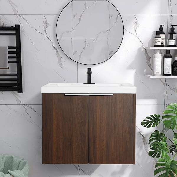 FLOATING 24 in. Wx 18 in. Dx 19 in. H Wall Mount Bath Vanity in Walnut with Concealed Handle White Resin Single Sink Top