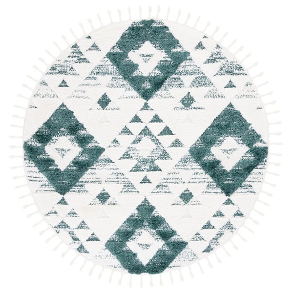 SAFAVIEH Moroccan Tassel Shag Green/Ivory 5 ft. x 5 ft.High-Low Geometric Fringe Round Area Rug