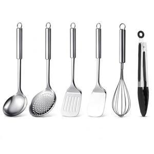 KHKFY 6-Piece Stainless Steel Cooking Utensils Set with Spatula, Skimmer, Ladle, Tongs, and Whisk, Kitchen Tool Set