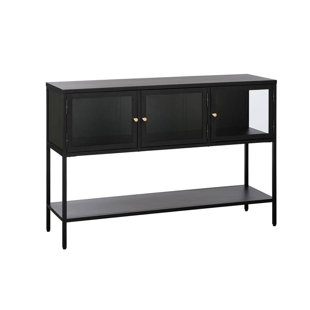 52-Inch Black Metal and Glass Sideboard with Brass Knobs