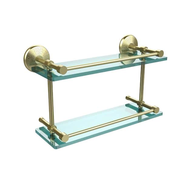 16 in. Tempered Glass Shelf with Gallery Rail in Unlacquered Brass