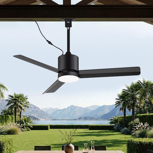 Tyrone 42 in. Covered Outdoor Black Standard Ceiling Fan with LED Light, Downrod, Black Blade and Remote Included