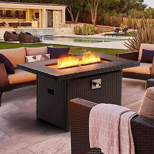 50,000 BTU 44.5 in. x 27 in. CSA Propane Outdoor Fire Pit Table Rectangular for Outside Patio Deck, Brown Wicker
