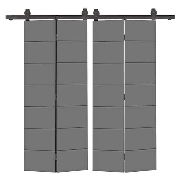 CALHOME 72 in. x 80 in. Light Gray Painted MDF Composite Modern Bi-Fold Hollow Core Double Barn Door with Sliding Hardware Kit