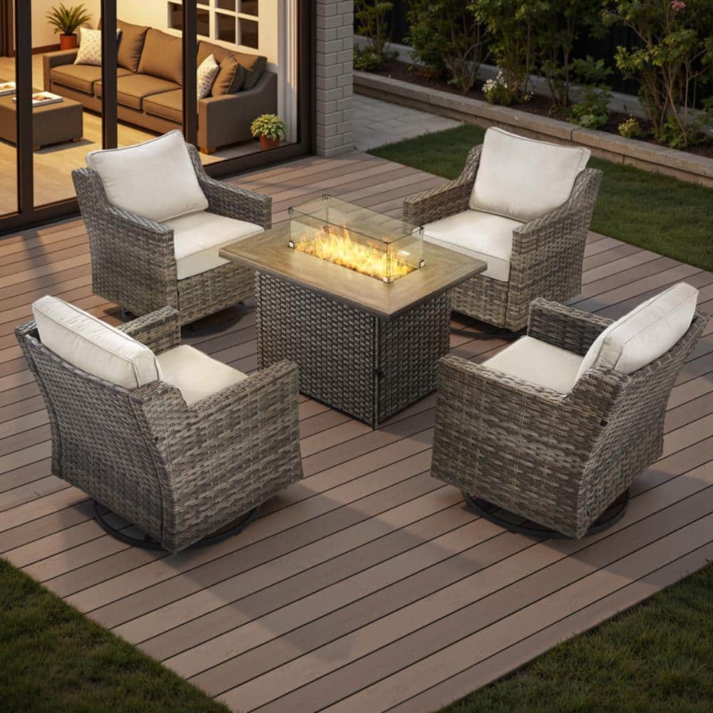 Halara Gray Wicker 5-Piece Patio Conversation Fire Pit Set Outdoor Seating Group with Swivel Chairs and Beige Cushions price history on PriceWatchPro
