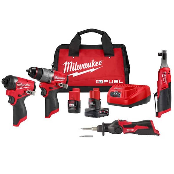 Milwaukee M12 FUEL 12-Volt Li-Ion Brushless Cordless Hammer Drill & Impact Combo Kit w/2 Batteries, 3/8 Ratchet & Soldering Iron
