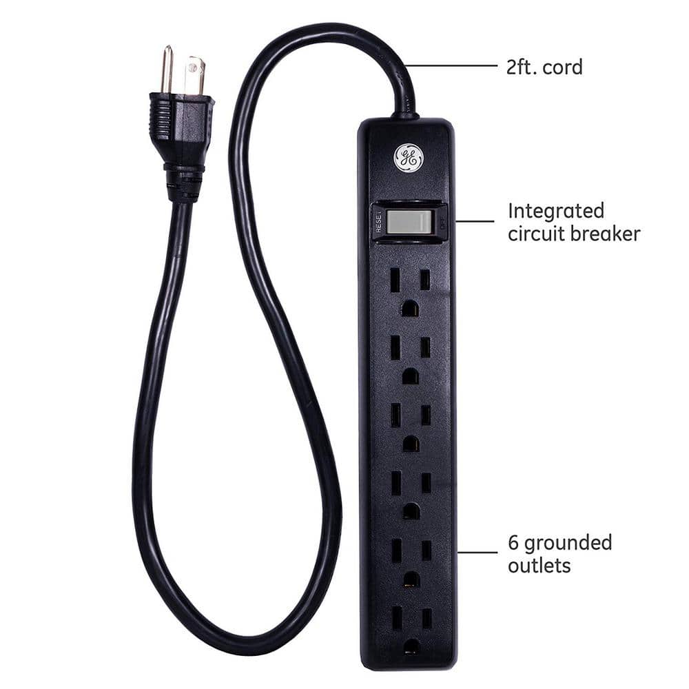 Black 6-Outlet Power Strip with 2-Foot Rubber Cord