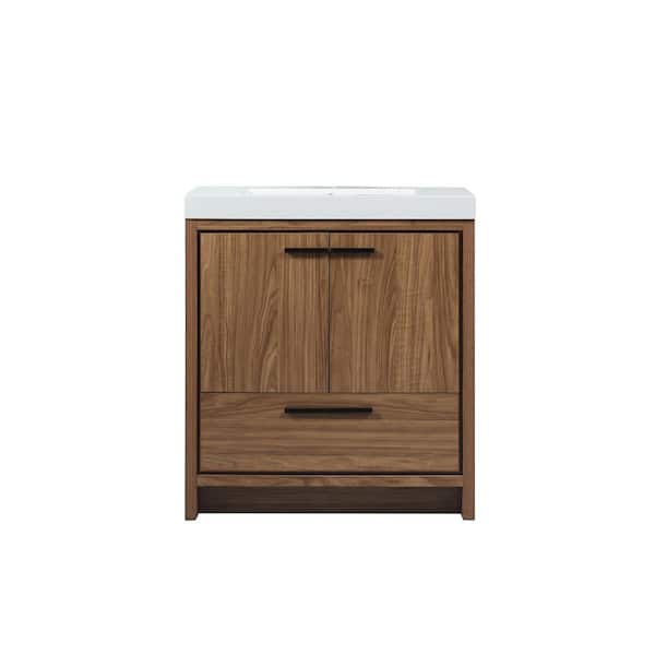 Unbranded Simply Living 30 in. Single Bathroom Vanity in Walnut Brown with Resin Vanity Top in White