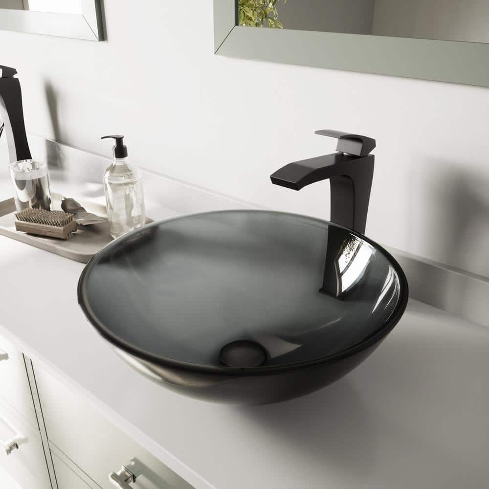 Sheer Black Tempered Glass 16.5" Vessel Bathroom Sink with Matte Black Faucet
