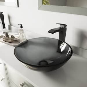 Glass Round Vessel Bathroom Sink in Sheer Black with Blackstonian Faucet and Pop-Up Drain in Matte Black