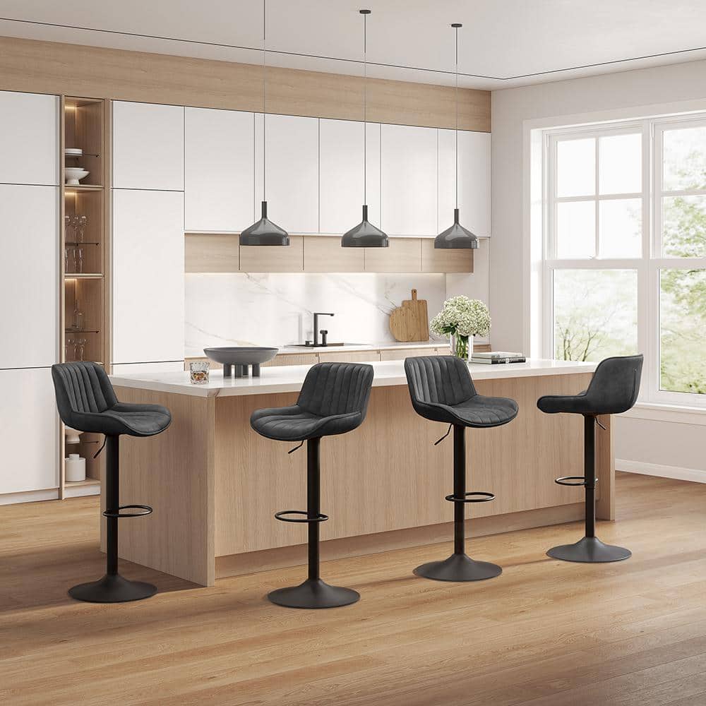Zouron Adjustable Swivel Bar Stools, Black Faux Leather & Metal