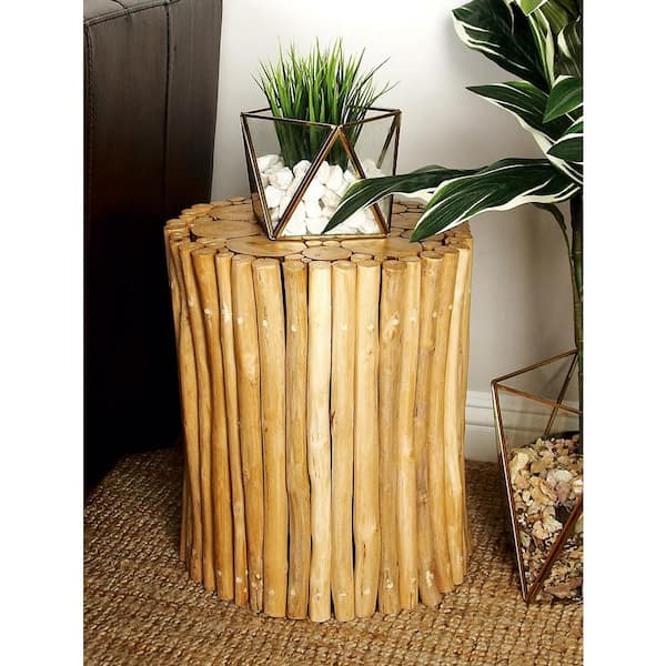 Litton Lane 14 in. Brown Handmade Medium Cylinder Wood End Accent Table with Stick Cluster Design