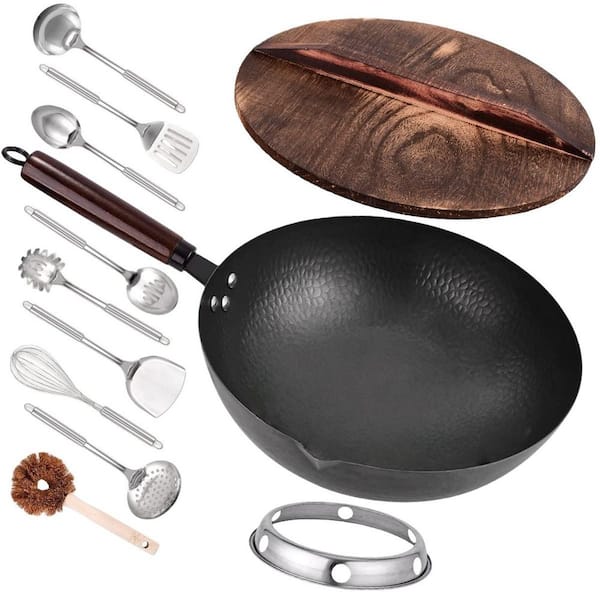 11-Piece Black Carbon Steel 12.8 in. Woks Stir Fry Pans Wok Pan with Lid 10 Cookware Accessories for Electric, Induction