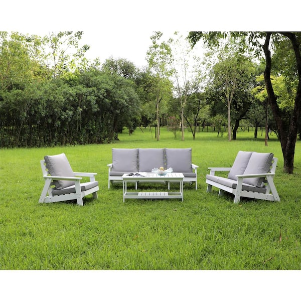 All-Weather HDPE Metal Outdoor Single Sofa Couch with White/Grey Cushion