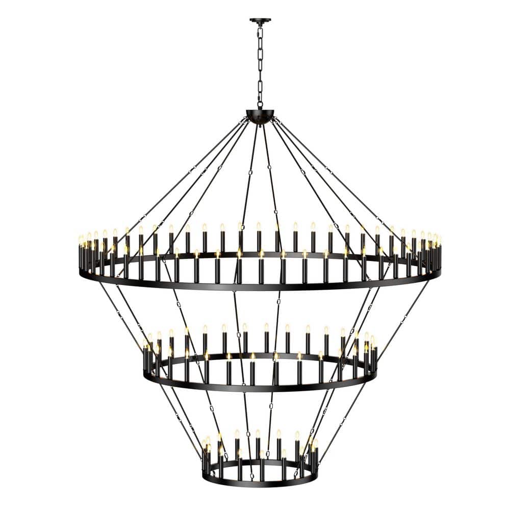 3 Tier Extra Large Wagon Wheel Chandelier for High Ceiling, 104-Lights Blac