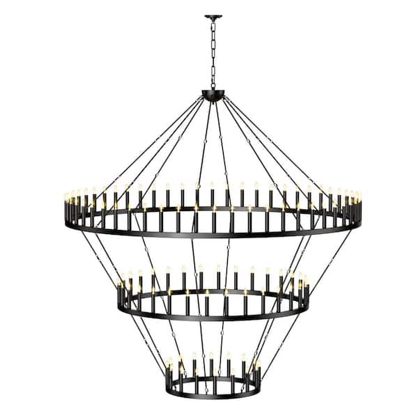 BAOURE 3 Tier Extra Large Wagon Wheel Chandelier for High Ceiling, 104-Lights Black Farmhouse Outdoor Light Fixtures