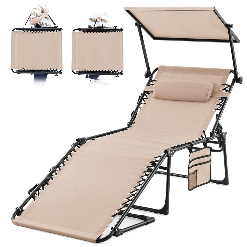 1- Piece Metal Foldable Outdoor Chaise Lounge Chair with Sunshade Canopy, 4