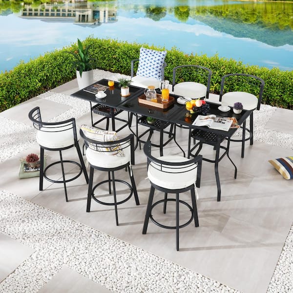 Patio Festival 9-Piece Metal Bar Height Outdoor Dining Set with Beige Cushions